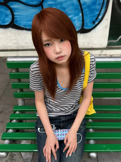 Korean Style T-Shirt Women Patchwork Short Sleeve Striped Polo Shirts Streetwear Japanese 2000S Tee Tops Aesthetic Y2K