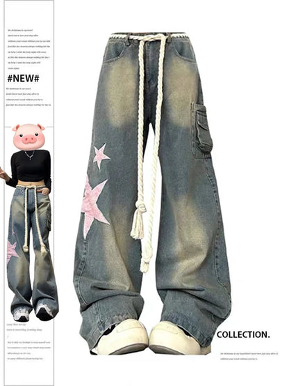 Women Baggy Star Jeans Vintage Harajuku Oversize High Waist Denim Trouser Emo 2000S Y2K 90S Aesthetic Wide Pants Trashy Clothes