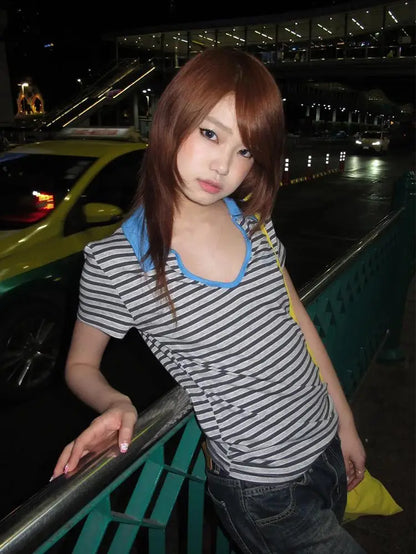 Korean Style T-Shirt Women Patchwork Short Sleeve Striped Polo Shirts Streetwear Japanese 2000S Tee Tops Aesthetic Y2K