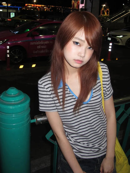 Korean Style T-Shirt Women Patchwork Short Sleeve Striped Polo Shirts Streetwear Japanese 2000S Tee Tops Aesthetic Y2K