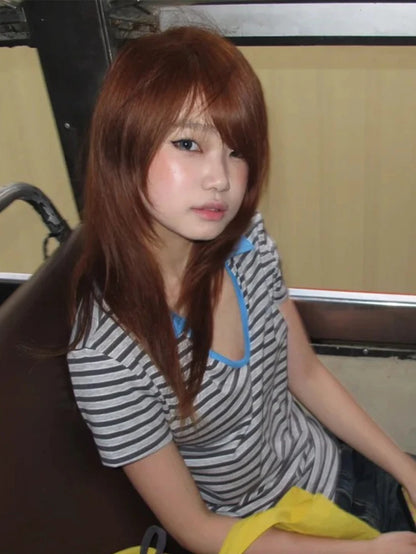 Korean Style T-Shirt Women Patchwork Short Sleeve Striped Polo Shirts Streetwear Japanese 2000S Tee Tops Aesthetic Y2K
